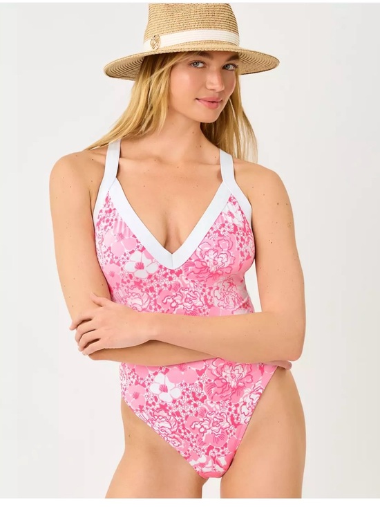 Lilly Pulitzer Other - Lilly Pulitzer Niomi Floral V-Neck Pink One-Piece Swimsuit with White Trim